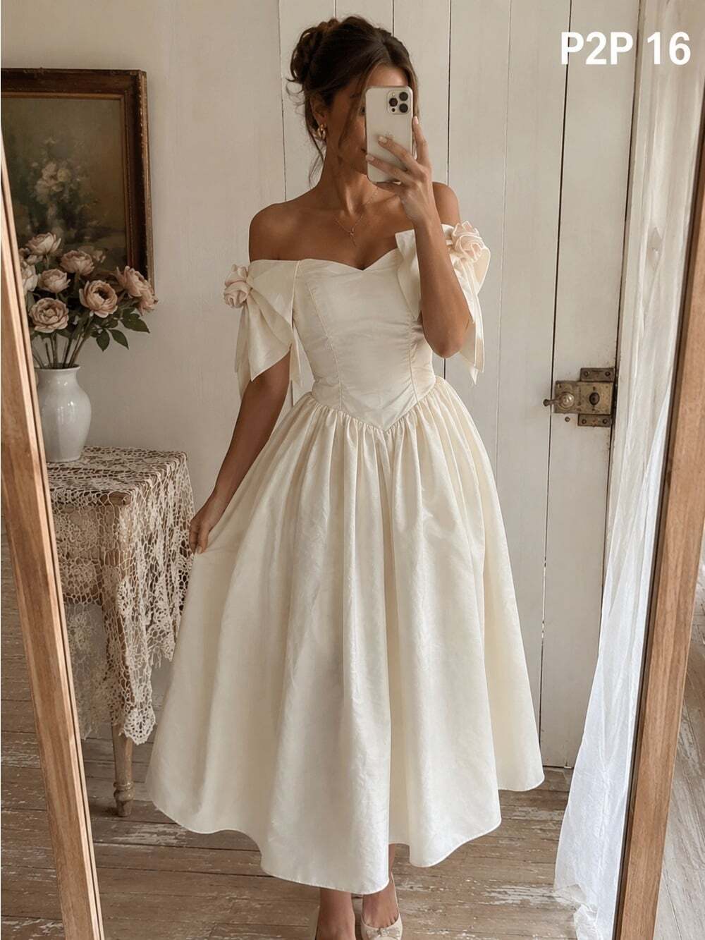 Vintage Off-Shoulder Ivory Satin  Rosette Bow Formal Bridal Wedding Dress